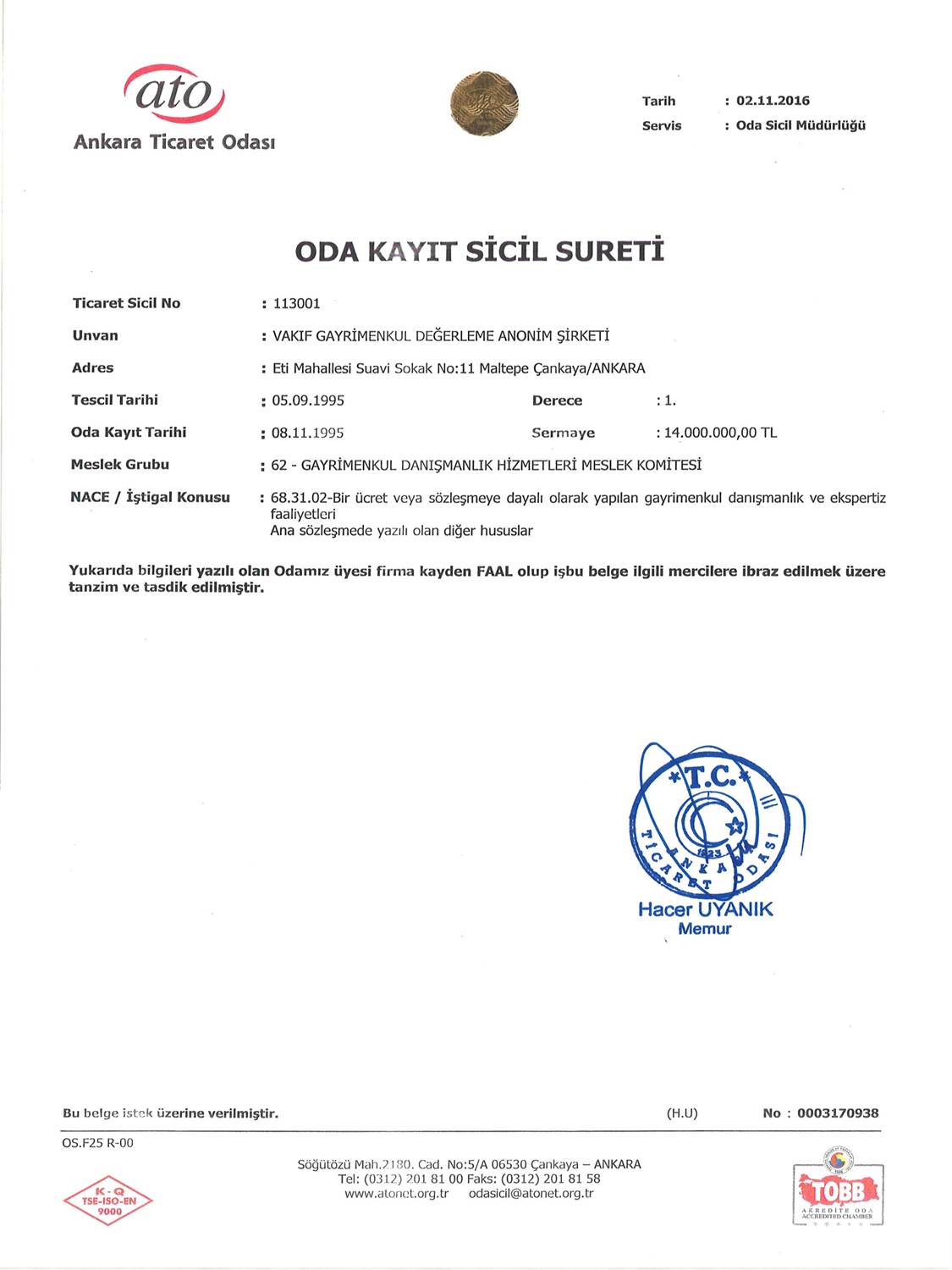 Oda Kayıt Sicil Sureti